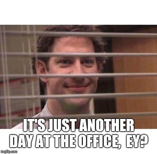 Jim Office Blinds | IT'S JUST ANOTHER DAY AT THE OFFICE,  EY? | image tagged in jim office blinds | made w/ Imgflip meme maker