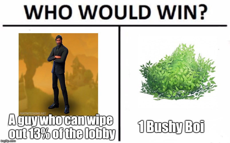 Who Would Win? | A guy who can wipe out 13% of the lobby; 1 Bushy Boi | image tagged in memes,who would win | made w/ Imgflip meme maker