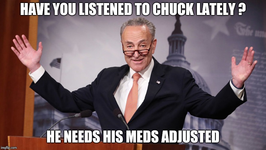 Chuck Schumer | HAVE YOU LISTENED TO CHUCK LATELY ? HE NEEDS HIS MEDS ADJUSTED | image tagged in chuck schumer | made w/ Imgflip meme maker