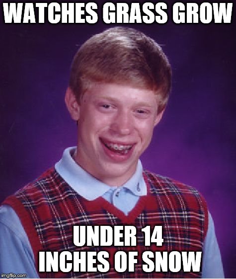 WATCHES GRASS GROW UNDER 14 INCHES OF SNOW | image tagged in memes,bad luck brian | made w/ Imgflip meme maker