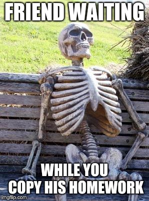 Waiting Skeleton Meme | FRIEND WAITING; WHILE YOU COPY HIS HOMEWORK | image tagged in memes,waiting skeleton | made w/ Imgflip meme maker