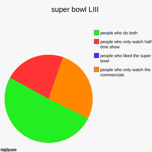 super bowl LIII | people who only watch the commercials, people who liked the super bowl, people who only watch half time show, people who d | image tagged in funny,pie charts | made w/ Imgflip chart maker
