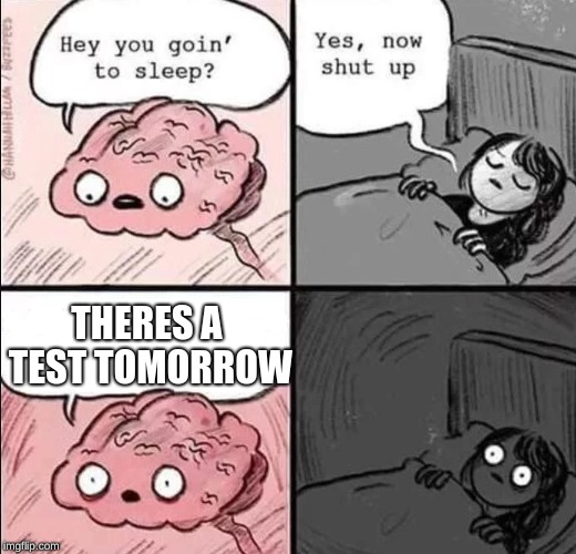 waking up brain | THERES A TEST TOMORROW | image tagged in waking up brain | made w/ Imgflip meme maker