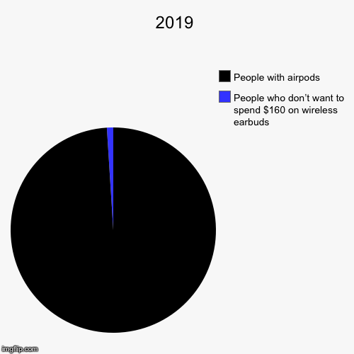 2019 | People who don’t want to spend $160 on wireless earbuds, People with airpods | image tagged in funny,pie charts | made w/ Imgflip chart maker