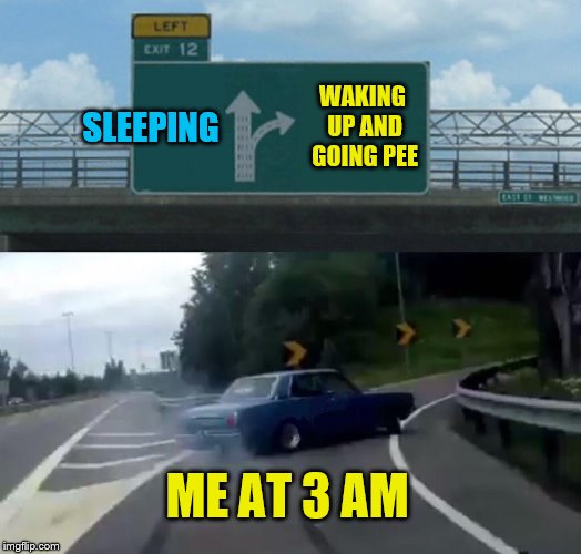 Left Exit 12 Off Ramp | SLEEPING; WAKING UP AND GOING PEE; ME AT 3 AM | image tagged in memes,left exit 12 off ramp,sleep,sleeping | made w/ Imgflip meme maker