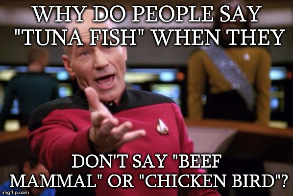 Why oh Why | WHY DO PEOPLE SAY "TUNA FISH" WHEN THEY; DON'T SAY "BEEF MAMMAL" OR "CHICKEN BIRD"? | image tagged in tuna,beef,fish,chicken,bird | made w/ Imgflip meme maker