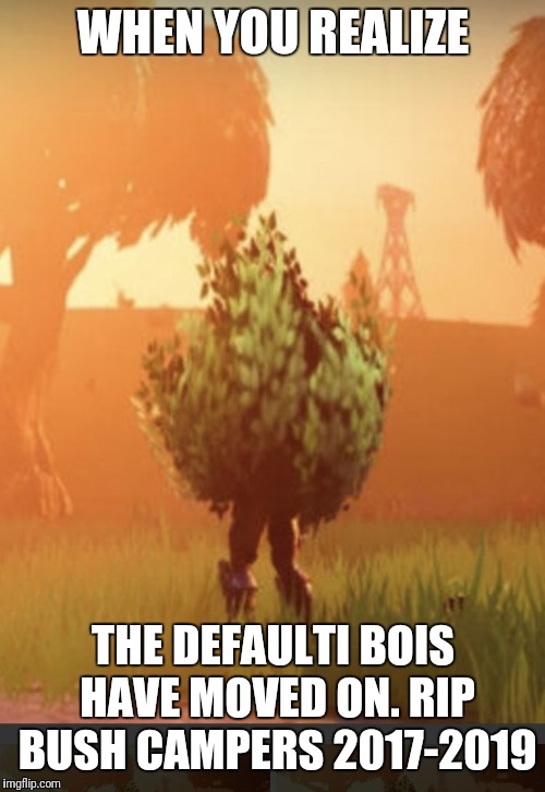 Fortnite bush | WHEN YOU REALIZE THE DEFAULTI BOIS HAVE MOVED ON. RIP BUSH CAMPERS 2017-2019 | image tagged in fortnite bush | made w/ Imgflip meme maker
