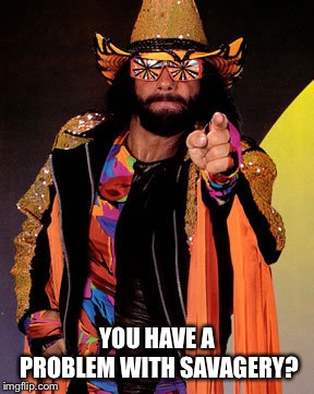 Macho Man Randy Savage | YOU HAVE A PROBLEM WITH SAVAGERY? | image tagged in macho man randy savage | made w/ Imgflip meme maker