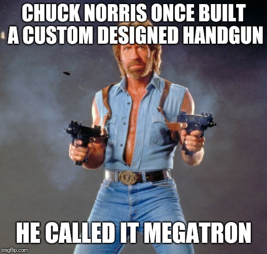 Chuck Norris Guns | CHUCK NORRIS ONCE BUILT A CUSTOM DESIGNED HANDGUN; HE CALLED IT MEGATRON | image tagged in memes,chuck norris guns,chuck norris | made w/ Imgflip meme maker