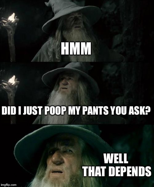 Confused Gandalf Meme | HMM DID I JUST POOP MY PANTS YOU ASK? WELL THAT DEPENDS | image tagged in memes,confused gandalf | made w/ Imgflip meme maker