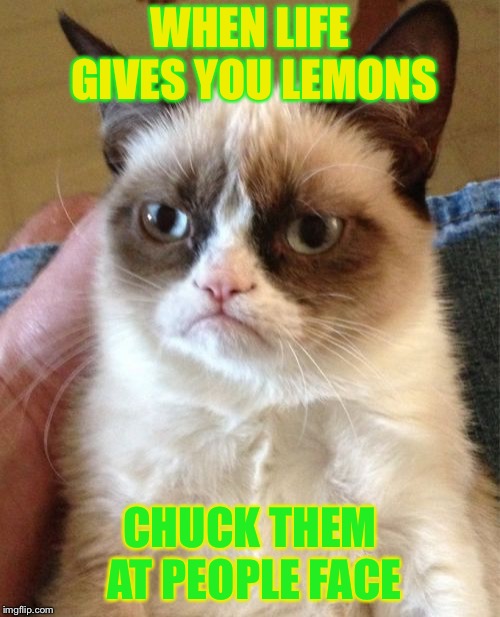 Grumpy Cat | WHEN LIFE GIVES YOU LEMONS; CHUCK THEM AT PEOPLE FACE | image tagged in memes,grumpy cat | made w/ Imgflip meme maker