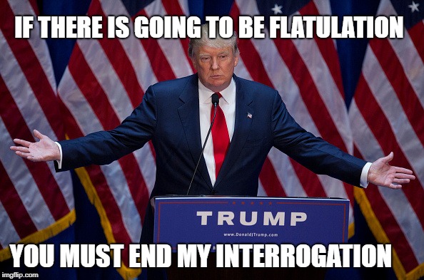 Donald Trump | IF THERE IS GOING TO BE FLATULATION; YOU MUST END MY INTERROGATION | image tagged in donald trump | made w/ Imgflip meme maker