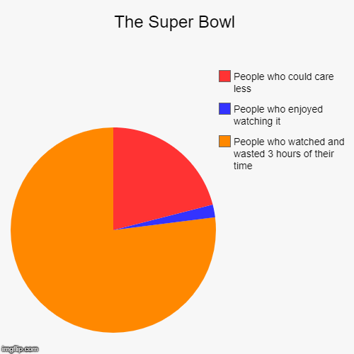 The Super Bowl | People who watched and wasted 3 hours of their time, People who enjoyed watching it, People who could care less | image tagged in funny,pie charts | made w/ Imgflip chart maker