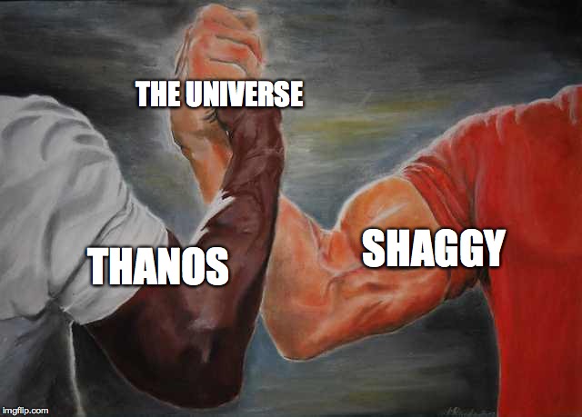 Agreement | THE UNIVERSE; SHAGGY; THANOS | image tagged in agreement,shaggy,thanos,universe | made w/ Imgflip meme maker