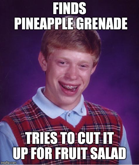 Big Boom Brian (World Wide Tragedy Week: A DrSarcasm Event Feb. 1-7) | FINDS PINEAPPLE GRENADE; TRIES TO CUT IT UP FOR FRUIT SALAD | image tagged in memes,bad luck brian,grenade,hitler pineapple,fruit snacks,drsarcasm | made w/ Imgflip meme maker