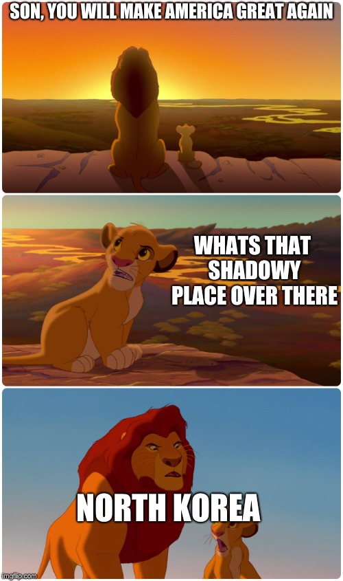 Lion King Meme | SON, YOU WILL MAKE AMERICA GREAT AGAIN; WHATS THAT SHADOWY PLACE OVER THERE; NORTH KOREA | image tagged in lion king meme | made w/ Imgflip meme maker