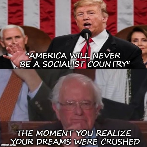 Trump | "AMERICA WILL NEVER BE A SOCIALIST COUNTRY"; THE MOMENT YOU REALIZE YOUR DREAMS WERE CRUSHED | image tagged in bernie | made w/ Imgflip meme maker