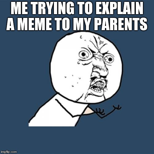 Y U No | ME TRYING TO EXPLAIN A MEME TO MY PARENTS | image tagged in memes,y u no | made w/ Imgflip meme maker