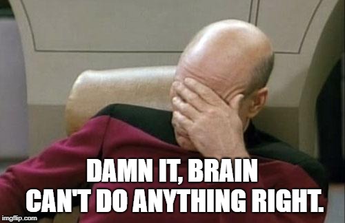 Captain Picard Facepalm Meme | DAMN IT, BRAIN CAN'T DO ANYTHING RIGHT. | image tagged in memes,captain picard facepalm | made w/ Imgflip meme maker