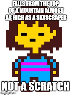 FALLS FROM THE TOP OF A MOUNTAIN ALMOST AS HIGH AS A SKYSCRAPER; NOT A SCRATCH | image tagged in undertale | made w/ Imgflip meme maker