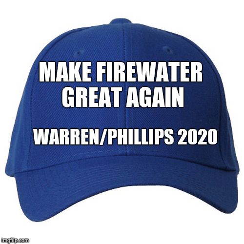 blue hat | MAKE FIREWATER GREAT AGAIN WARREN/PHILLIPS 2020 | image tagged in blue hat | made w/ Imgflip meme maker