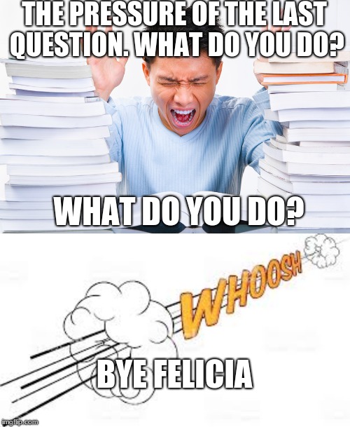 THE PRESSURE OF THE LAST QUESTION. WHAT DO YOU DO? WHAT DO YOU DO? BYE FELICIA | image tagged in school | made w/ Imgflip meme maker