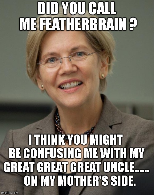 Dances With Forked Tongue |  DID YOU CALL ME FEATHERBRAIN ? I THINK YOU MIGHT BE CONFUSING ME WITH MY GREAT GREAT GREAT UNCLE......    ON MY MOTHER'S SIDE. | image tagged in elizabeth warren,2020 democrats,fake indian,senator | made w/ Imgflip meme maker