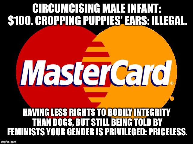For everything else there's MasterCard  | CIRCUMCISING MALE INFANT: $100. CROPPING PUPPIES’ EARS: ILLEGAL. HAVING LESS RIGHTS TO BODILY INTEGRITY THAN DOGS, BUT STILL BEING TOLD BY FEMINISTS YOUR GENDER IS PRIVILEGED: PRICELESS. | image tagged in for everything else there's mastercard | made w/ Imgflip meme maker