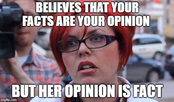 Angry Feminist | BELIEVES THAT YOUR FACTS ARE YOUR OPINION; BUT HER OPINION IS FACT | image tagged in angry feminist,facts,fact | made w/ Imgflip meme maker