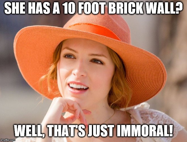 Condescending Kendrick | SHE HAS A 10 FOOT BRICK WALL? WELL, THAT'S JUST IMMORAL! | image tagged in condescending kendrick | made w/ Imgflip meme maker