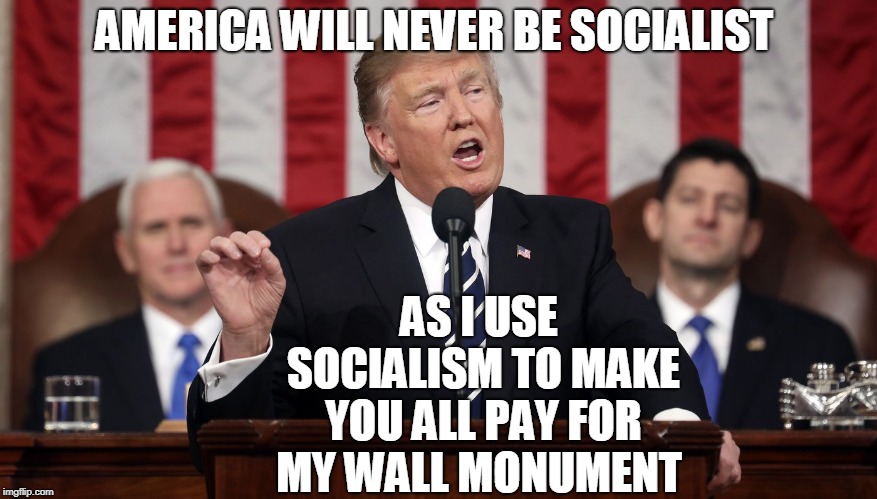 hypocrite in chief  | AMERICA WILL NEVER BE SOCIALIST; AS I USE SOCIALISM TO MAKE YOU ALL PAY FOR MY WALL MONUMENT | image tagged in donald trump | made w/ Imgflip meme maker