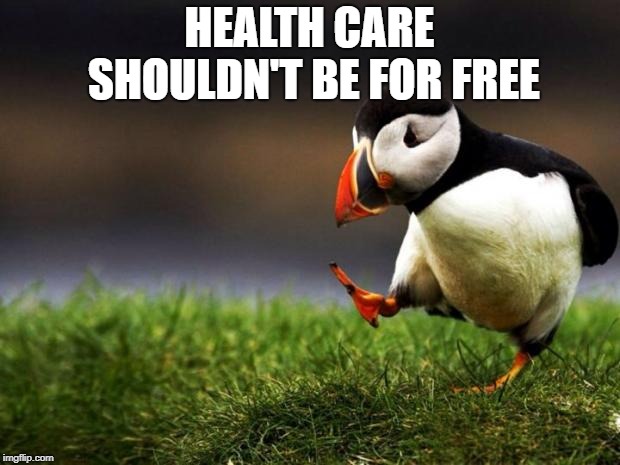 Unpopular Opinion Puffin Meme | HEALTH CARE SHOULDN'T BE FOR FREE | image tagged in memes,unpopular opinion puffin,politics,health care | made w/ Imgflip meme maker