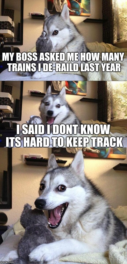Bad Pun Dog | MY BOSS ASKED ME HOW MANY TRAINS I DE-RAILD LAST YEAR; I SAID I DONT KNOW ITS HARD TO KEEP TRACK | image tagged in memes,bad pun dog | made w/ Imgflip meme maker