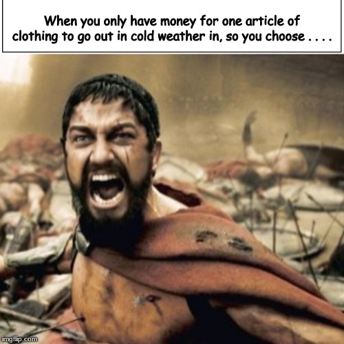 It's cold out.  Better put a cape on. | When you only have money for one article of clothing to go out in cold weather in, so you choose . . . . | image tagged in sparta leonidas,memes | made w/ Imgflip meme maker