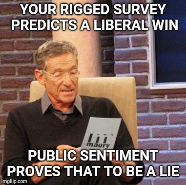 Maury Lie Detector Meme | YOUR RIGGED SURVEY PREDICTS A LIBERAL WIN PUBLIC SENTIMENT PROVES THAT TO BE A LIE | image tagged in memes,maury lie detector | made w/ Imgflip meme maker