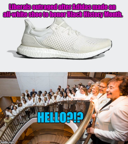 I believe the term is "selective outrage." | Liberals outraged after Adidas made an all-white shoe to honor Black History Month. HELLO?!? | image tagged in funny,liberals,outrage,white | made w/ Imgflip meme maker