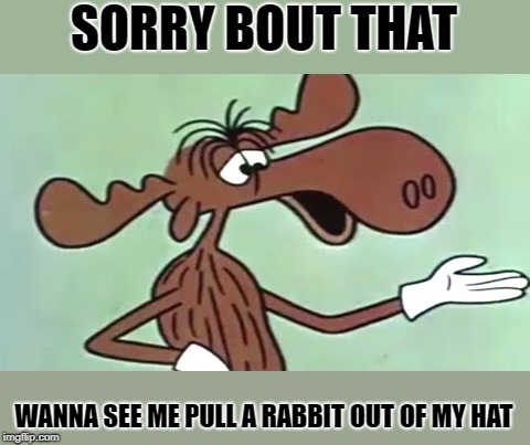 SORRY BOUT THAT WANNA SEE ME PULL A RABBIT OUT OF MY HAT | image tagged in bullwinkle | made w/ Imgflip meme maker