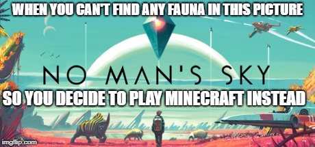 I really like this game, but have trouble trying to find the advertised fauna | WHEN YOU CAN'T FIND ANY FAUNA IN THIS PICTURE; SO YOU DECIDE TO PLAY MINECRAFT INSTEAD | image tagged in no man's sky,video games,aliens | made w/ Imgflip meme maker