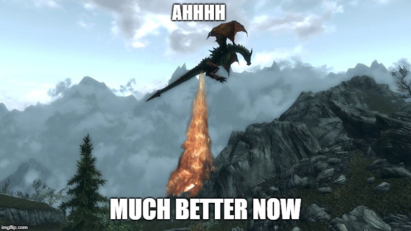farting Skyrim Dragon | AHHHH; MUCH BETTER NOW | image tagged in farting skyrim dragon | made w/ Imgflip meme maker