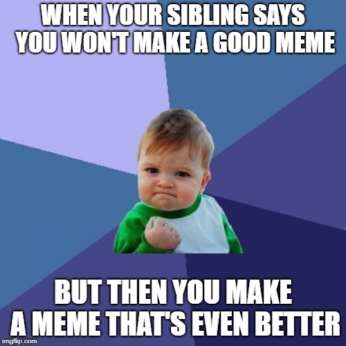 Success Kid Meme | WHEN YOUR SIBLING SAYS YOU WON'T MAKE A GOOD MEME; BUT THEN YOU MAKE A MEME THAT'S EVEN BETTER | image tagged in memes,success kid | made w/ Imgflip meme maker