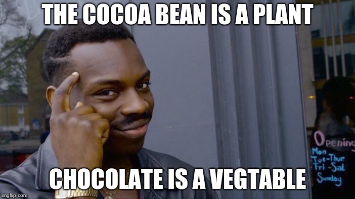 Roll Safe Think About It |  THE COCOA BEAN IS A PLANT; CHOCOLATE IS A VEGTABLE | image tagged in memes,roll safe think about it | made w/ Imgflip meme maker