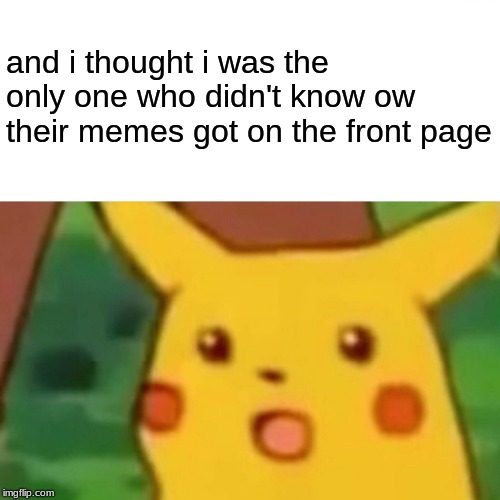 Surprised Pikachu Meme | and i thought i was the only one who didn't know ow their memes got on the front page | image tagged in memes,surprised pikachu | made w/ Imgflip meme maker
