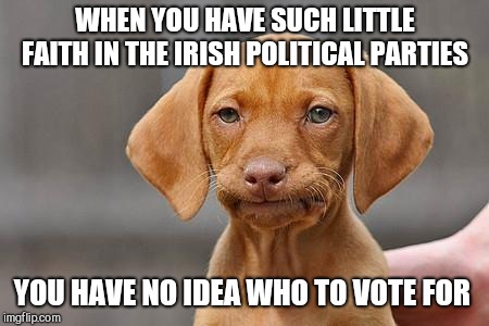 I'll probably end up voting for the green party or people before profit | WHEN YOU HAVE SUCH LITTLE FAITH IN THE IRISH POLITICAL PARTIES; YOU HAVE NO IDEA WHO TO VOTE FOR | image tagged in dissapointed puppy,irish politics | made w/ Imgflip meme maker