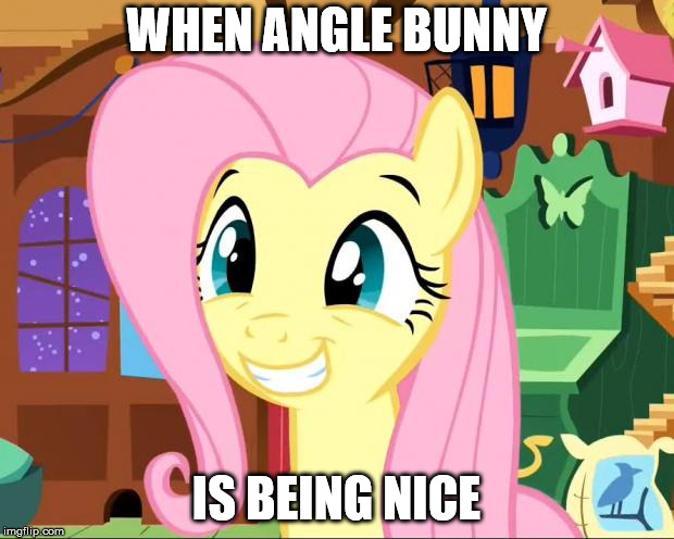 "yay" | WHEN ANGLE BUNNY; IS BEING NICE | image tagged in happy fluttershy,mlp meme,fluttershy | made w/ Imgflip meme maker