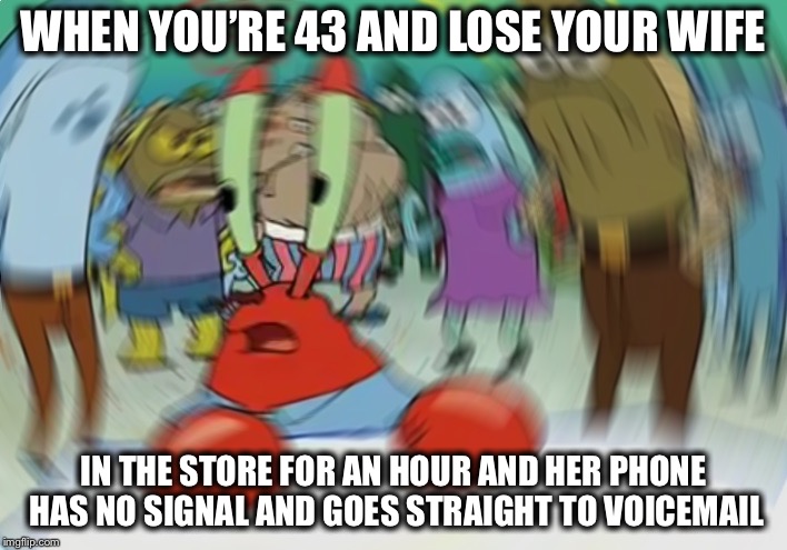 Mr Krabs Blur Meme Meme | WHEN YOU’RE 43 AND LOSE YOUR WIFE IN THE STORE FOR AN HOUR AND HER PHONE HAS NO SIGNAL AND GOES STRAIGHT TO VOICEMAIL | image tagged in memes,mr krabs blur meme | made w/ Imgflip meme maker