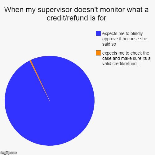 When my supervisor doesn't monitor what a credit/refund is for | expects me to check the case and make sure its a valid credit/refund..., ex | image tagged in funny,pie charts | made w/ Imgflip chart maker