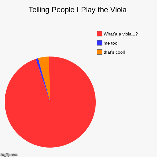 Who else can relate....? | Telling People I Play the Viola | that's cool!, me too!, What'a a viola...? | image tagged in funny,pie charts,viola,violin,orchestra,band | made w/ Imgflip chart maker