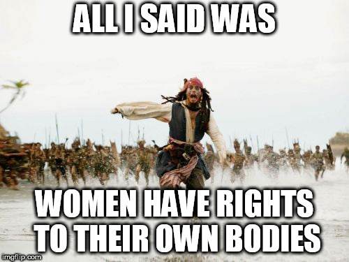 Jack Sparrow Being Chased | ALL I SAID WAS; WOMEN HAVE RIGHTS TO THEIR OWN BODIES | image tagged in memes,jack sparrow being chased,abortion,pro choice,pro-choice,rights | made w/ Imgflip meme maker