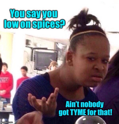 The Pun Cook | You say you low on spices? Ain’t nobody got TYME for that! | image tagged in memes,black girl wat,pun,spices,tyme,funny memes | made w/ Imgflip meme maker