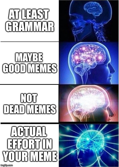 Expanding Brain Meme | AT LEAST GRAMMAR MAYBE GOOD MEMES NOT DEAD MEMES ACTUAL EFFORT IN YOUR MEME | image tagged in memes,expanding brain | made w/ Imgflip meme maker